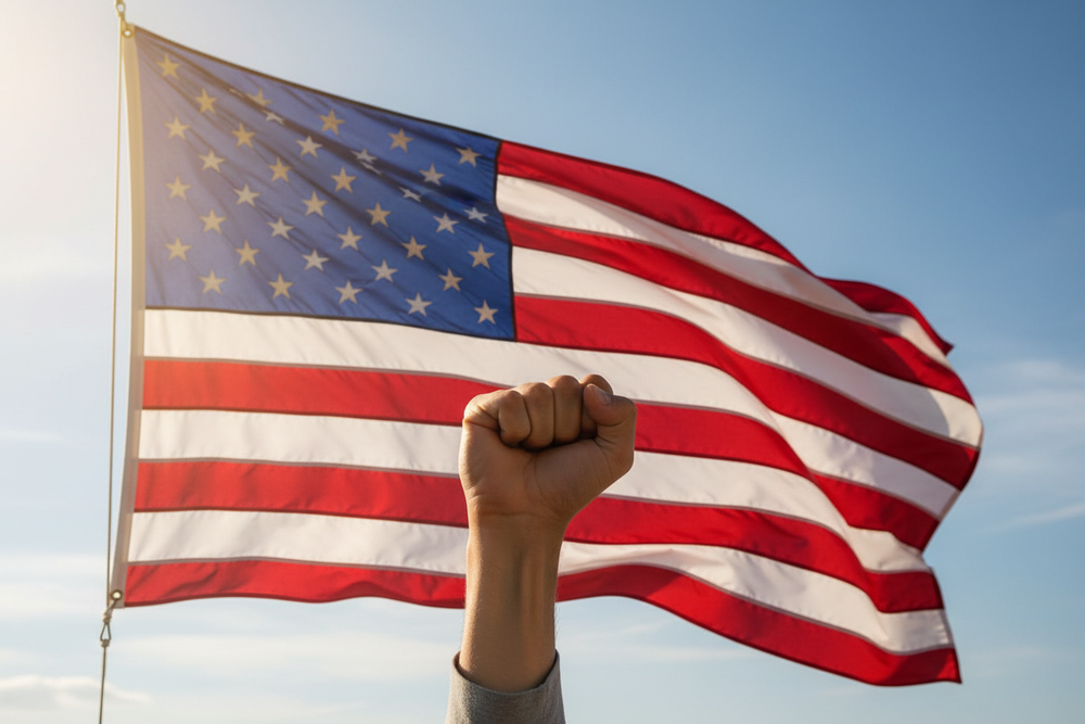 American Flag Waving In The Air, With a Fist clenched for freedom. 