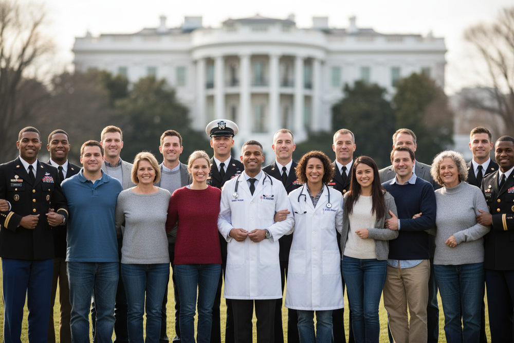 Community Of People coming Together, Doctors, Normal citizens, Men in United States Military Uniform standing together united happy in front of the White House in Washing DC But The White House background is Blurred.  
